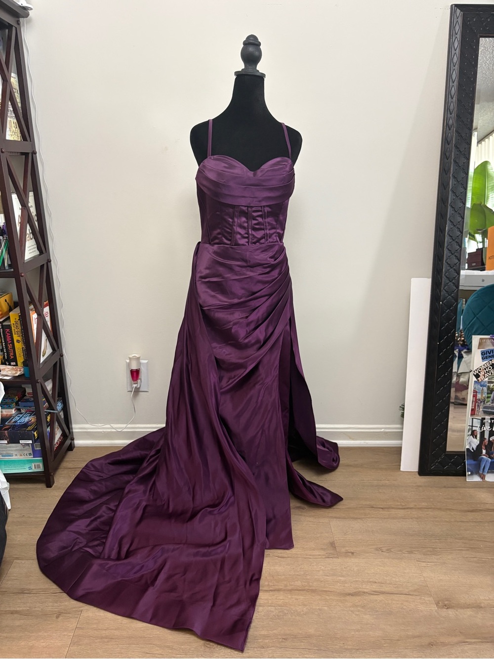 Elegant Purple Strap Satin Evening Gown